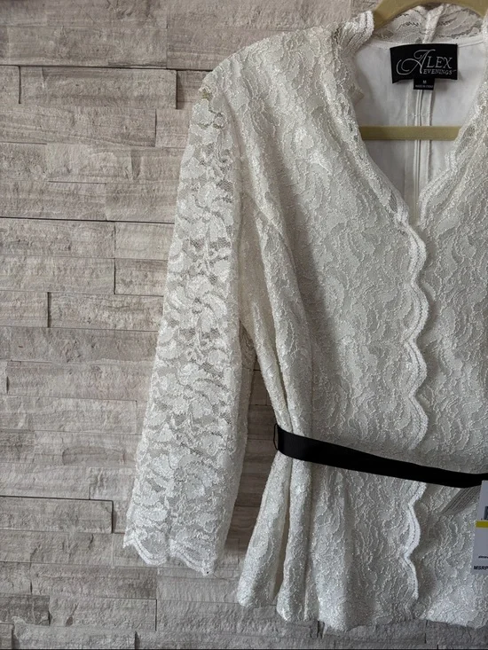 Alex Evenings Cream Lace Peplum Blouse with Black Ribbon - Picture 5 of 11